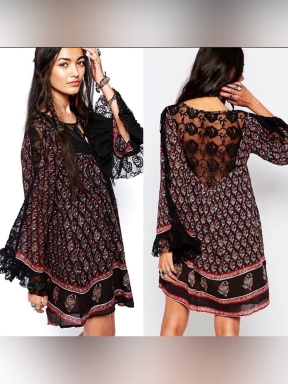 Free People Black and Burgundy Lace-Back Boho Mini Dress
